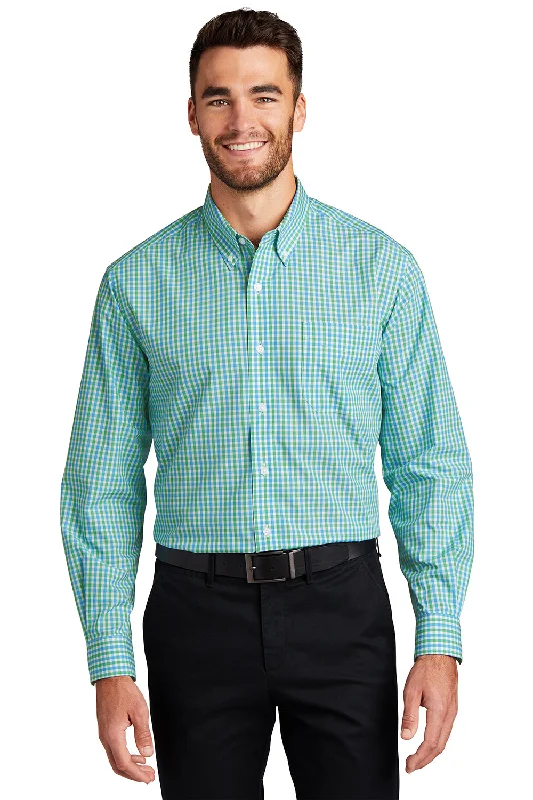 Chic Outerwear Port Authority Mens Easy Care Wrinkle Resistant Long Sleeve Button Down Shirt w/ Pocket - Green/Aqua Blue