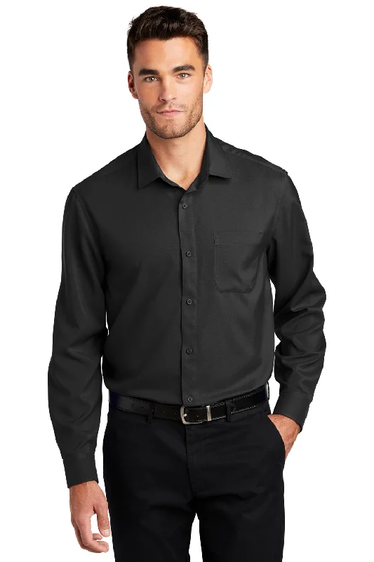 Elegant Prints Port Authority Mens Performance Moisture Wicking Long Sleeve Button Down Shirt w/ Pocket - Black