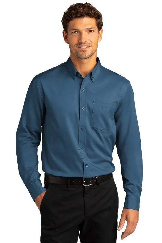 Relaxed Modern Port Authority Mens SuperPro Wrinkle Resistant React Long Sleeve Button Down Shirt w/ Pocket - Regatta Blue