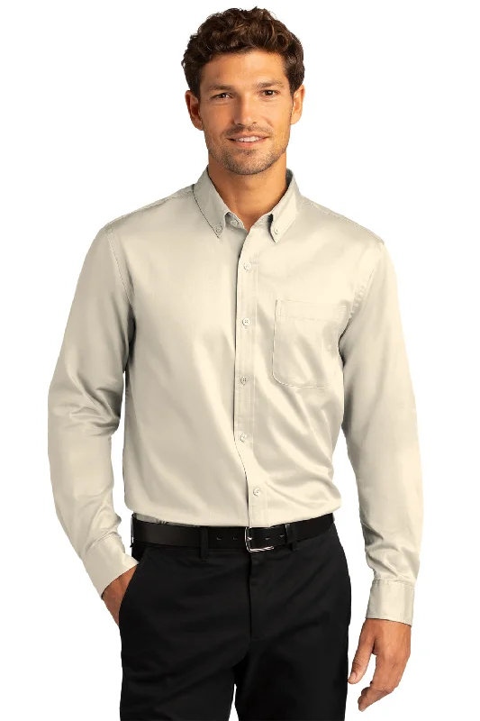 Modern Pastels Port Authority Mens SuperPro Wrinkle Resistant React Long Sleeve Button Down Shirt w/ Pocket - Ecru