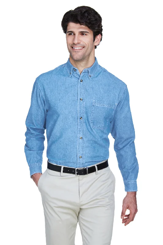 Retro Smart UltraClub Mens Cypress Denim Long Sleeve Button Down Shirt w/ Pocket - Light Blue