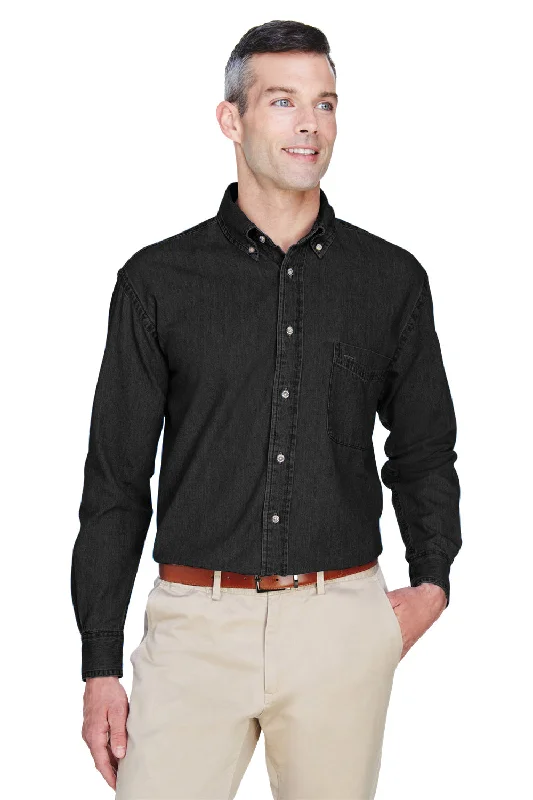 Simplified Streetwear Harriton Mens Denim Long Sleeve Button Down Shirt w/ Pocket - Washed Black