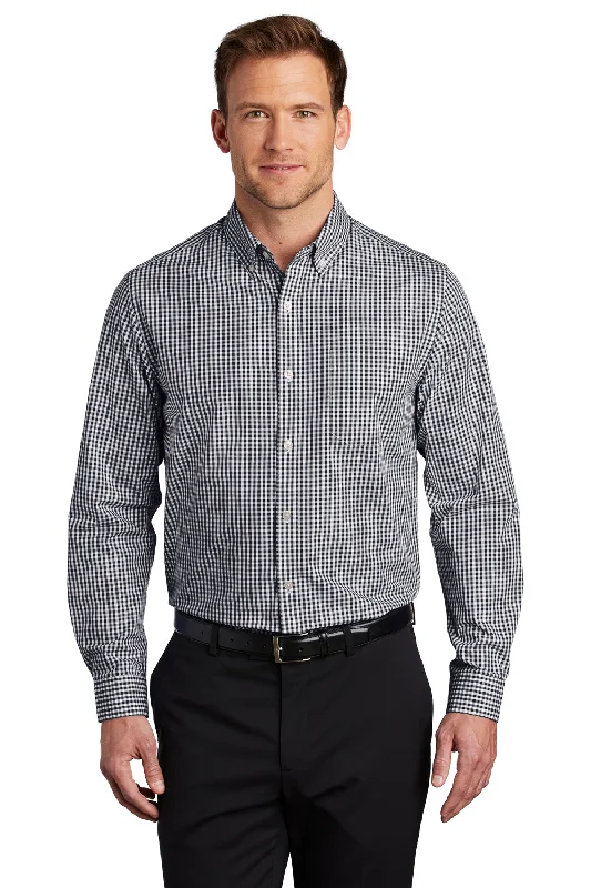 Retro Sportwear Port Authority Mens Broadcloth Gingham Wrinkle Resistant Long Sleeve Button Down Shirt w/ Pocket - Black/White