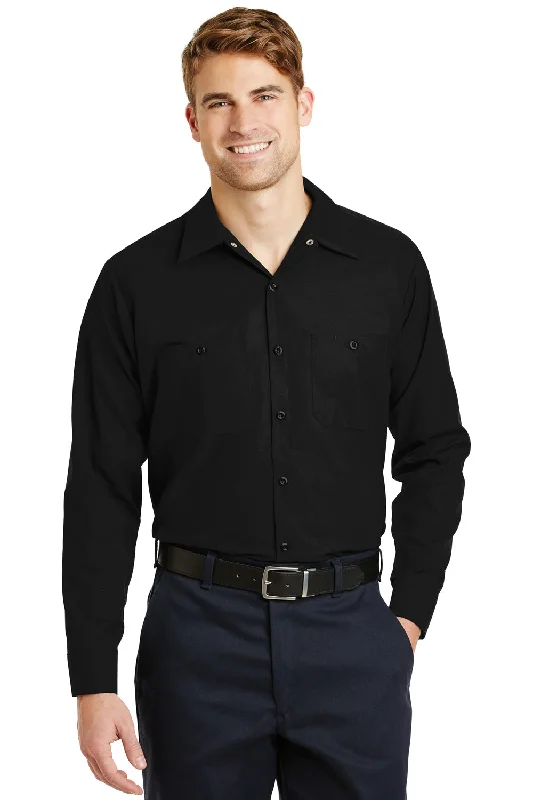 Bold Street Edge Red Kap Mens Industrial Moisture Wicking Long Sleeve Button Down Shirt w/ Double Pockets - Black