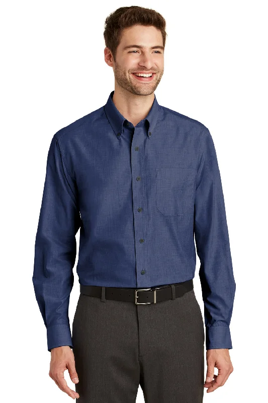 Neutral Fashion Port Authority Mens Easy Care Wrinkle Resistant Long Sleeve Button Down Shirt w/ Pocket - Deep Blue