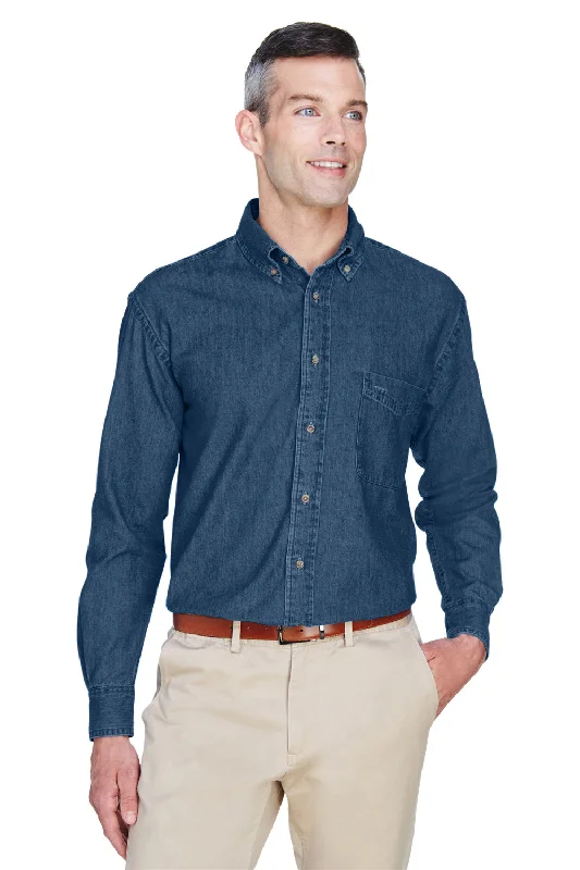 Tailored Street Harriton Mens Denim Long Sleeve Button Down Shirt w/ Pocket - Dark Denim