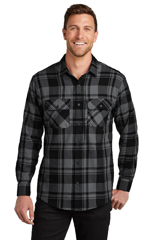 Relaxed Prints Look Port Authority Mens Flannel Long Sleeve Button Down Shirt w/ Double Pockets - Grey/Black