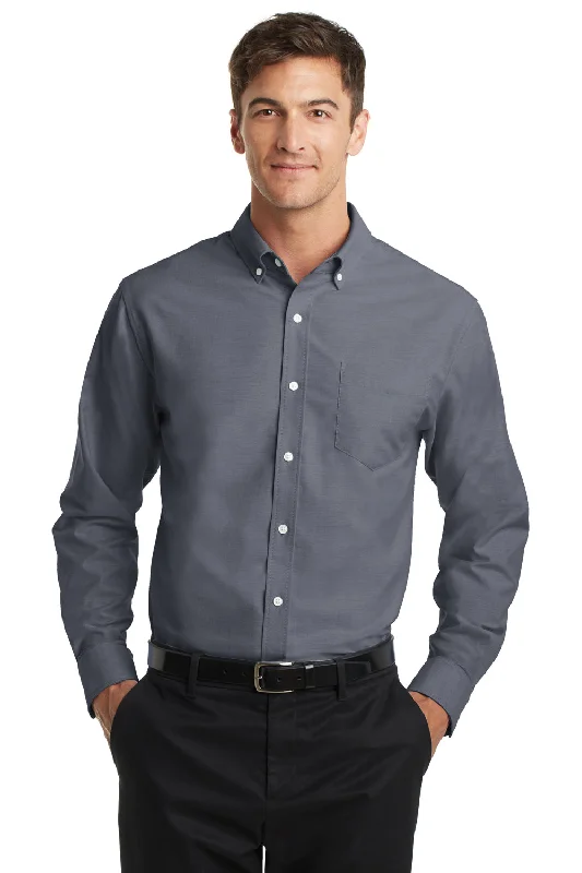 Clean Utility Port Authority Mens SuperPro Oxford Wrinkle Resistant Long Sleeve Button Down Shirt w/ Pocket - Black