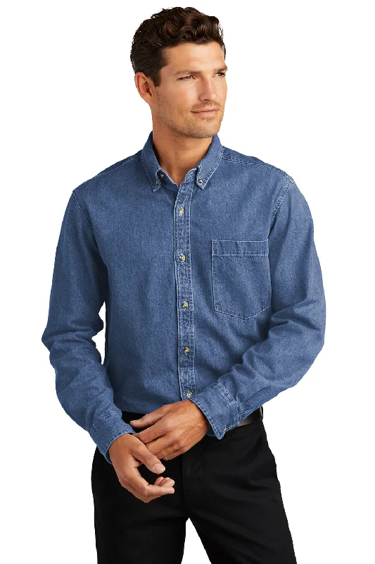 Minimalist Patterns Port Authority Mens Denim Long Sleeve Button Down Shirt w/ Pocket - Dark Blue