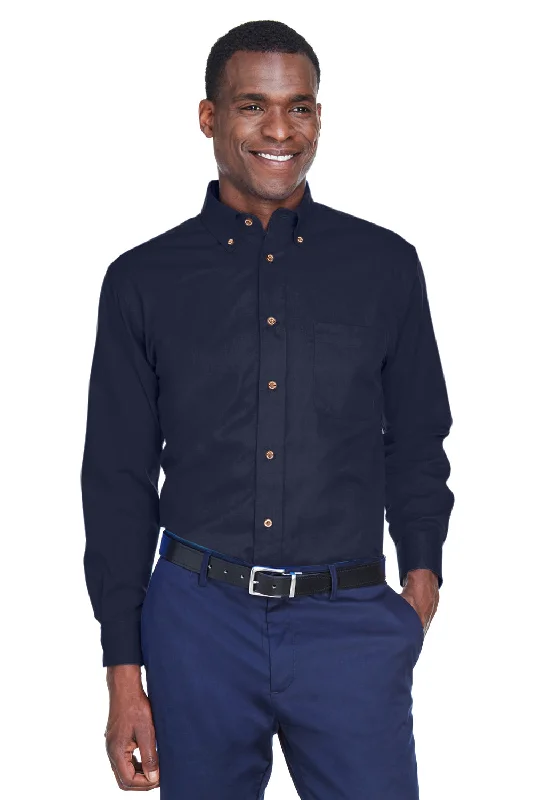 Simplistic Tailoring Harriton Mens Wrinkle Resistant Long Sleeve Button Down Shirt w/ Pocket - Navy Blue