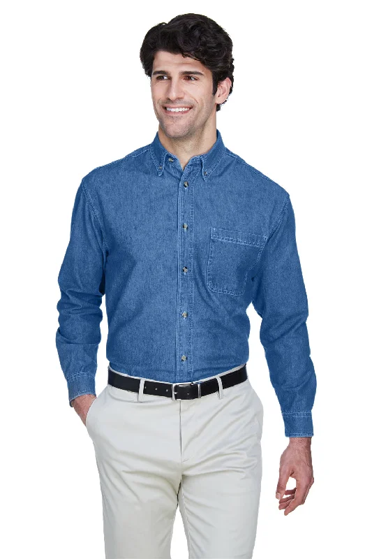 Cozy Layers UltraClub Mens Cypress Denim Long Sleeve Button Down Shirt w/ Pocket - Indigo Blue