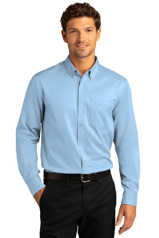 Relaxed Outdoors Port Authority Mens SuperPro Wrinkle Resistant React Long Sleeve Button Down Shirt w/ Pocket - Cloud Blue