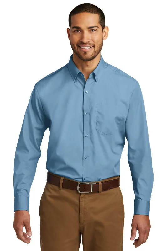 Timeless Street Port Authority Mens Carefree Stain Resistant Long Sleeve Button Down Shirt w/ Pocket - Carolina Blue