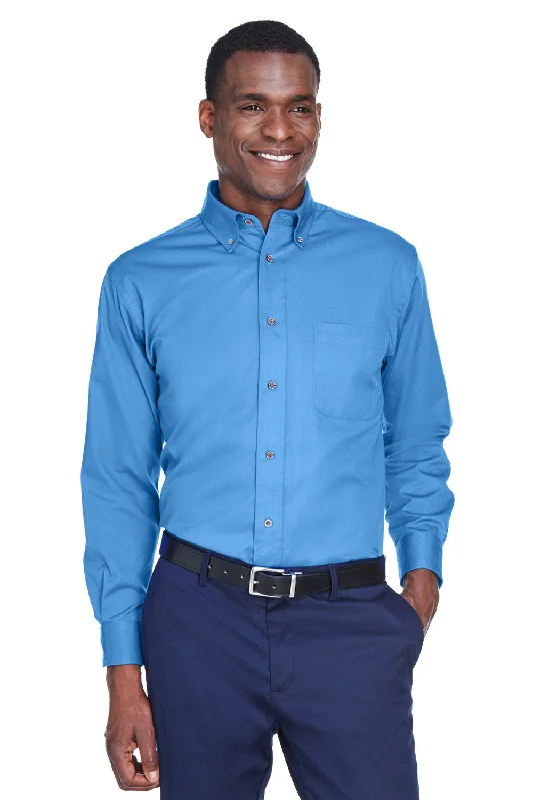 Elevated Fashion Harriton Mens Wrinkle Resistant Long Sleeve Button Down Shirt w/ Pocket - Nautical Blue