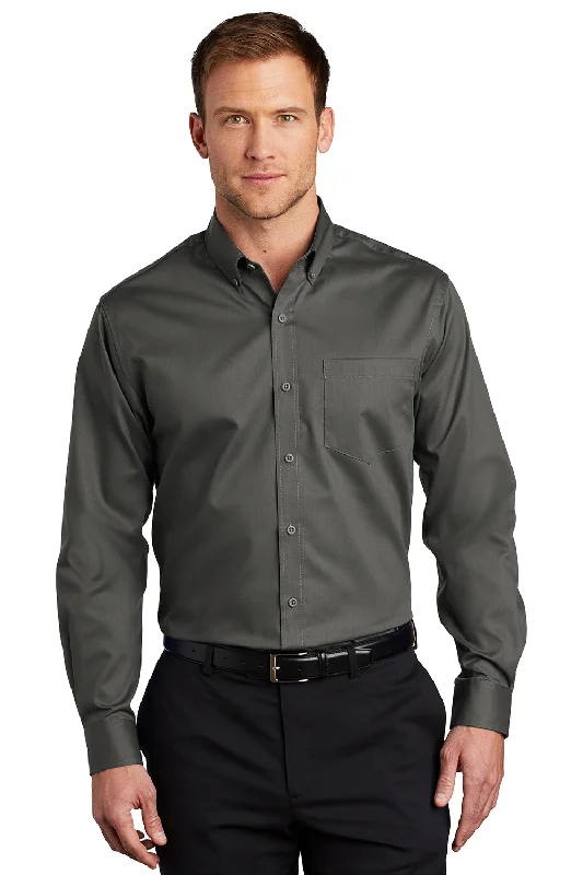 Structured Fit Port Authority Mens SuperPro Wrinkle Resistant Long Sleeve Button Down Shirt w/ Pocket - Sterling Grey