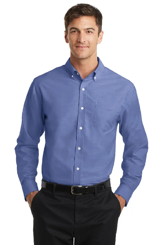 Contemporary Fit Port Authority Mens SuperPro Oxford Wrinkle Resistant Long Sleeve Button Down Shirt w/ Pocket - Navy Blue