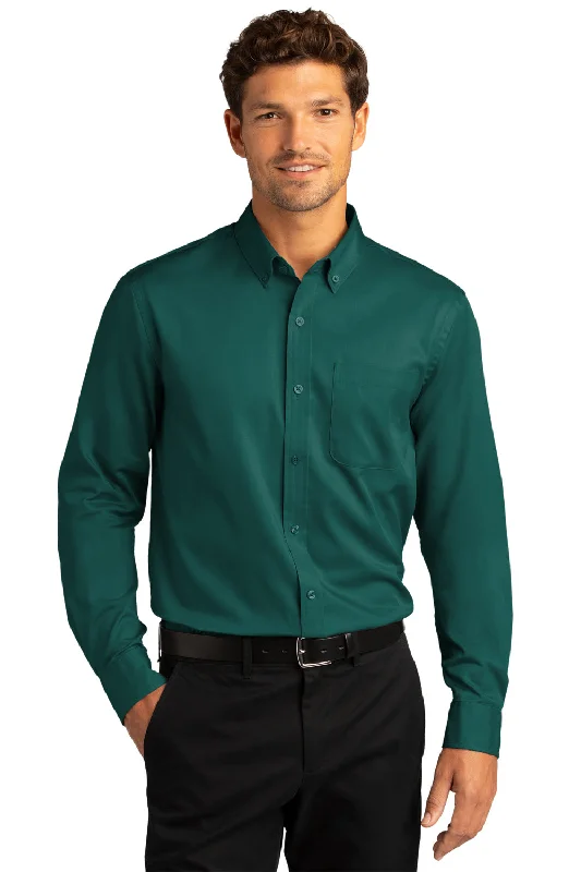 Sporty Chic Look Port Authority Mens SuperPro Wrinkle Resistant React Long Sleeve Button Down Shirt w/ Pocket - Marine Green