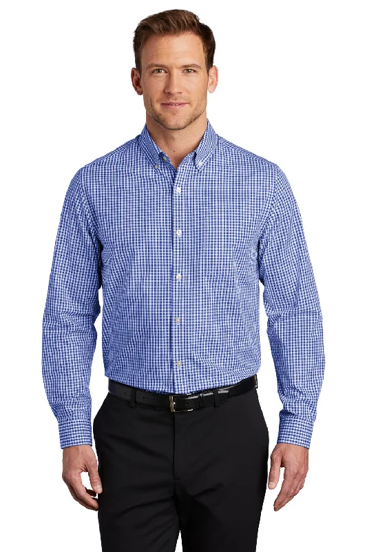 Modern Basics Port Authority Mens Broadcloth Gingham Wrinkle Resistant Long Sleeve Button Down Shirt w/ Pocket - True Royal Blue/White