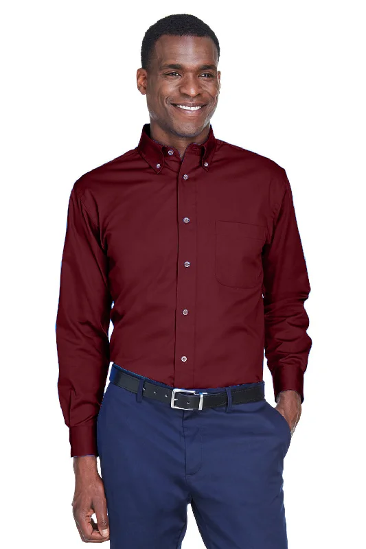 Modern Fitwear Harriton Mens Wrinkle Resistant Long Sleeve Button Down Shirt w/ Pocket - Wine