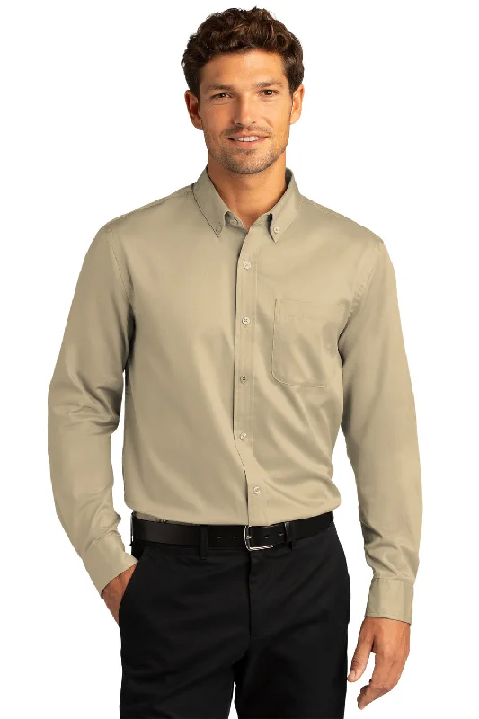 Simplistic Monochrome Port Authority Mens SuperPro Wrinkle Resistant React Long Sleeve Button Down Shirt w/ Pocket - Wheat