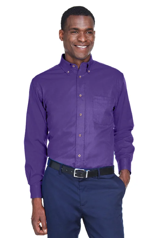 Sleek Neutrals Harriton Mens Wrinkle Resistant Long Sleeve Button Down Shirt w/ Pocket - Team Purple