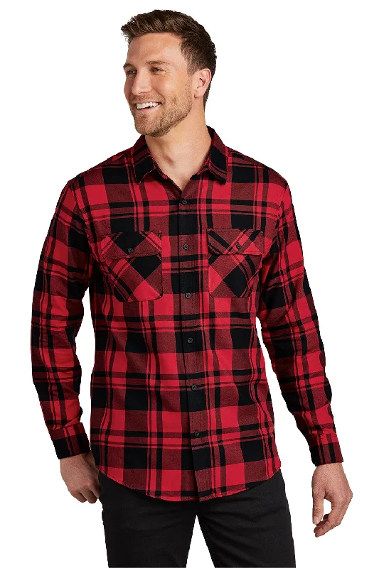 Sporty Essentials Port Authority Mens Flannel Long Sleeve Button Down Shirt w/ Double Pockets - Engine Red/Black