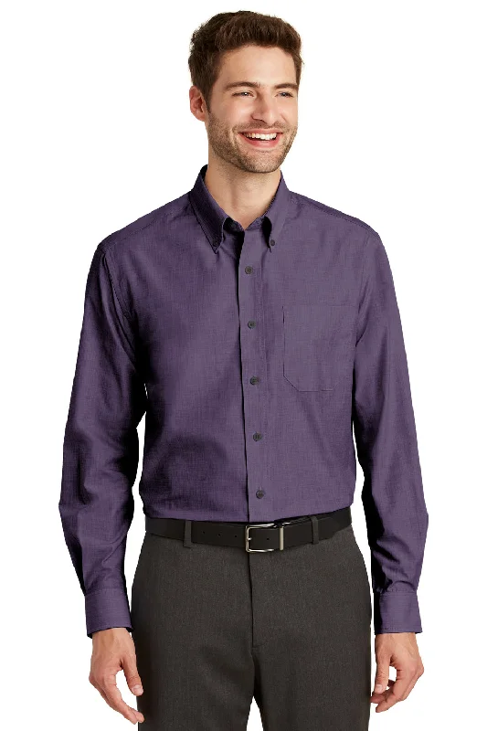 Soft Layers Port Authority Mens Easy Care Wrinkle Resistant Long Sleeve Button Down Shirt w/ Pocket - Grape Harvest Purple - Closeout