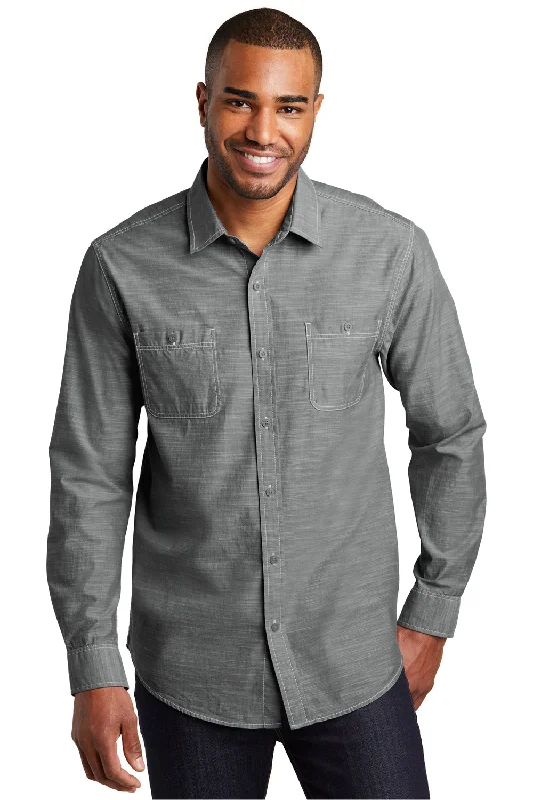 Smart Patterns Port Authority Mens Slub Chambray Long Sleeve Button Down Shirt w/ Double Pockets - Grey