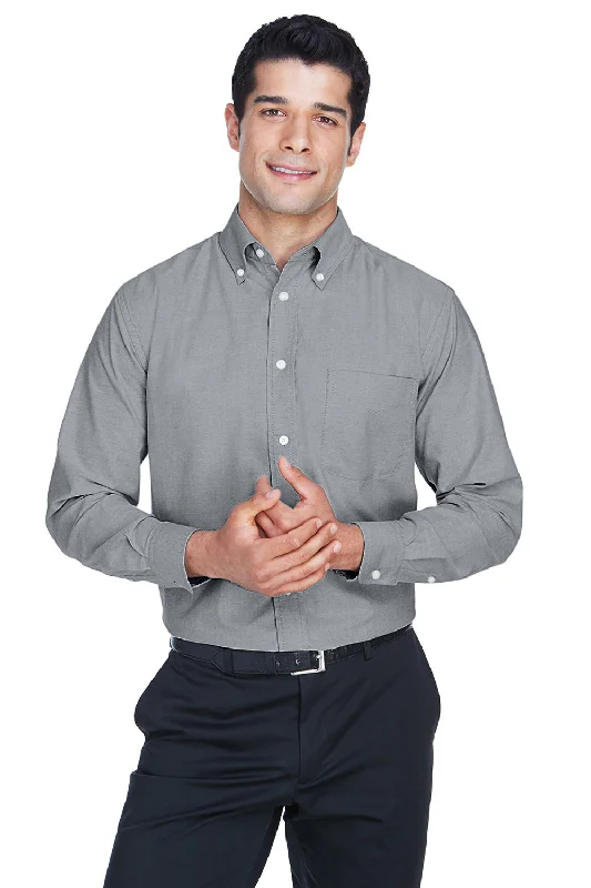 Tailored Utility Harriton Mens Oxford Wrinkle Resistant Long Sleeve Button Down Shirt w/ Pocket - Oxford Grey