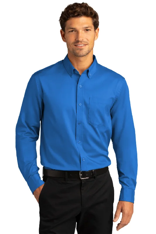 Relaxed Prints Look Port Authority Mens SuperPro Wrinkle Resistant React Long Sleeve Button Down Shirt w/ Pocket - Strong Blue