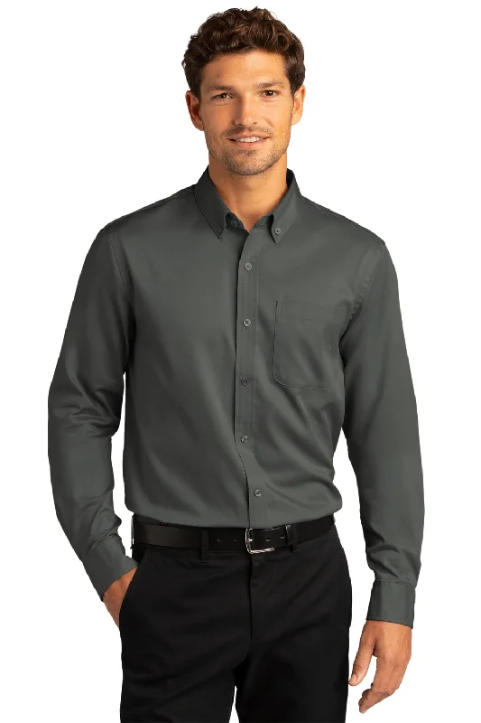 Stylish Patterns Port Authority Mens SuperPro Wrinkle Resistant React Long Sleeve Button Down Shirt w/ Pocket - Storm Grey