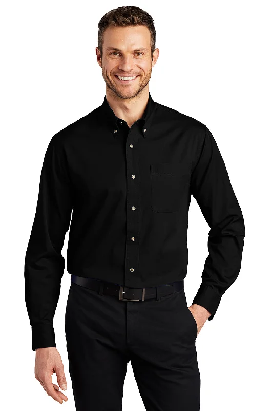 Fashion Statement Port Authority Mens Long Sleeve Button Down Shirt w/ Pocket - Black