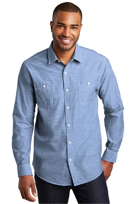 Contemporary Sporty Port Authority Mens Slub Chambray Long Sleeve Button Down Shirt w/ Double Pockets - Light Blue