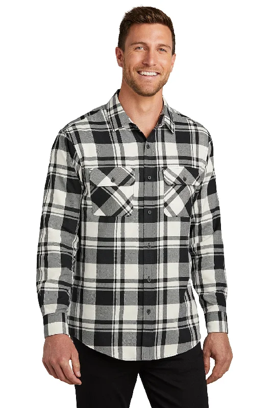 Soft Minimalism Port Authority Mens Flannel Long Sleeve Button Down Shirt w/ Double Pockets - Snow White/Black