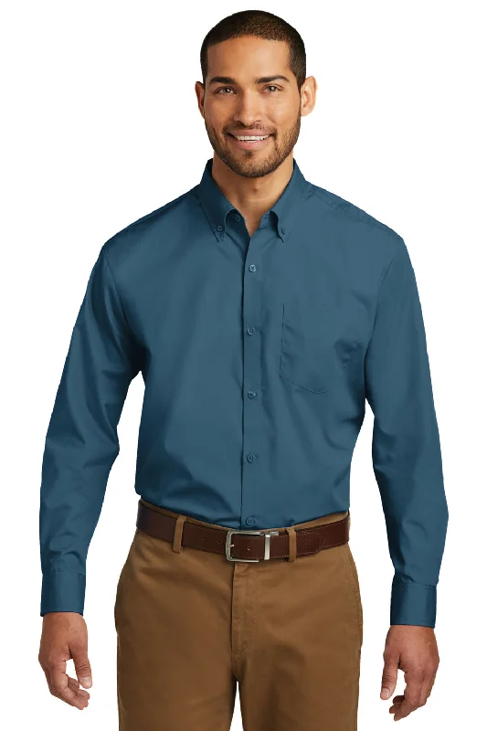 Retro Patterns Port Authority Mens Carefree Stain Resistant Long Sleeve Button Down Shirt w/ Pocket - Dusty Blue - Closeout