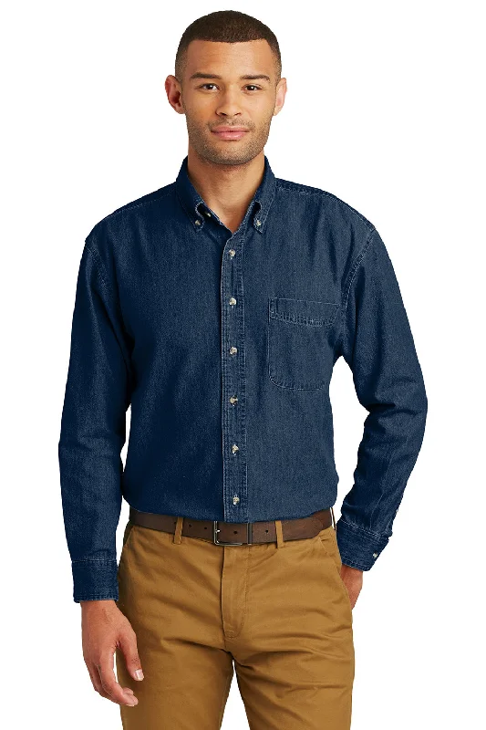 Classic Neutrals Port & Company Mens Denim Long Sleeve Button Down Shirt w/ Pocket - Ink Blue