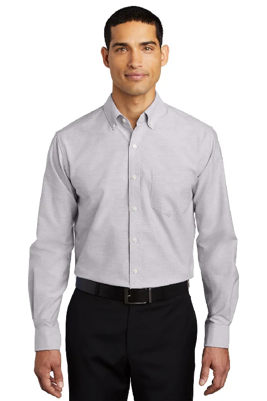 Sleek Prints Port Authority Mens SuperPro Oxford Wrinkle Resistant Long Sleeve Button Down Shirt w/ Pocket - Gusty Grey