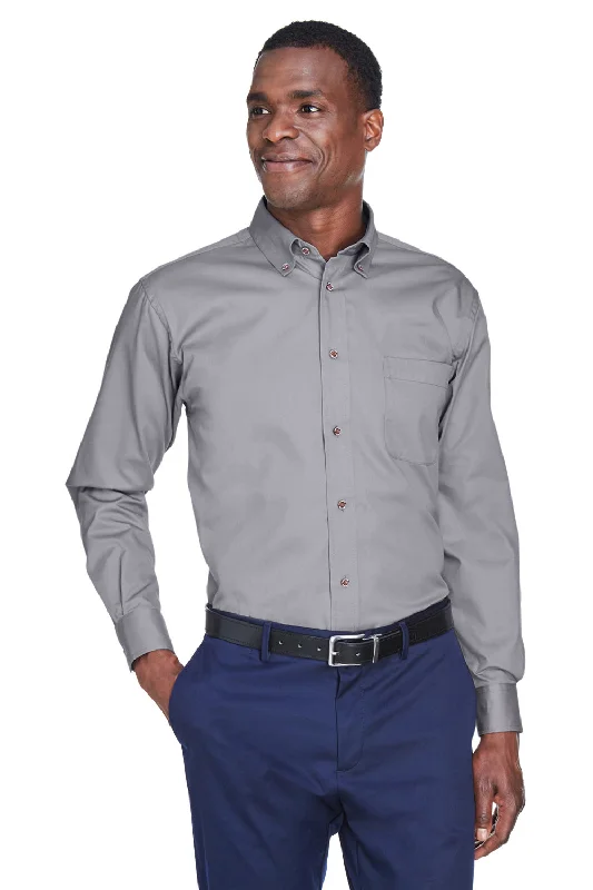 Elevated Monochrome Harriton Mens Wrinkle Resistant Long Sleeve Button Down Shirt w/ Pocket - Dark Grey