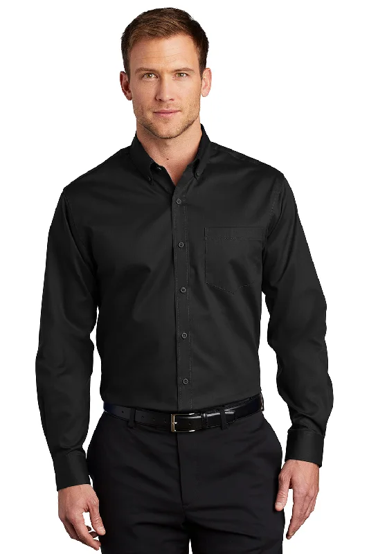 Monochrome Essentials Port Authority Mens SuperPro Wrinkle Resistant Long Sleeve Button Down Shirt w/ Pocket - Black