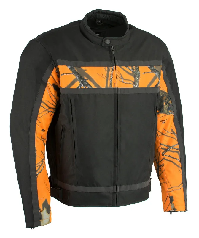 Earthy Minimalism Milwaukee Leather MPM1786 Men's Black and Orange Textile Jacket with Mossy Oak Camo Chest Print