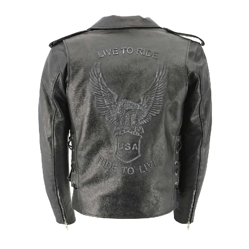 Soft Monochrome Men's XS703 Black Embossed 'Live to Ride, Ride to Live' Classic Motorcycle Jacket