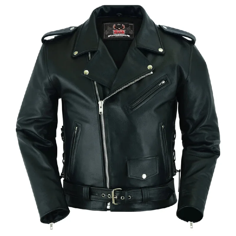 Tailored Utility Economy Men's Motorcycle Classic Biker Leather Jacket - Side Laces