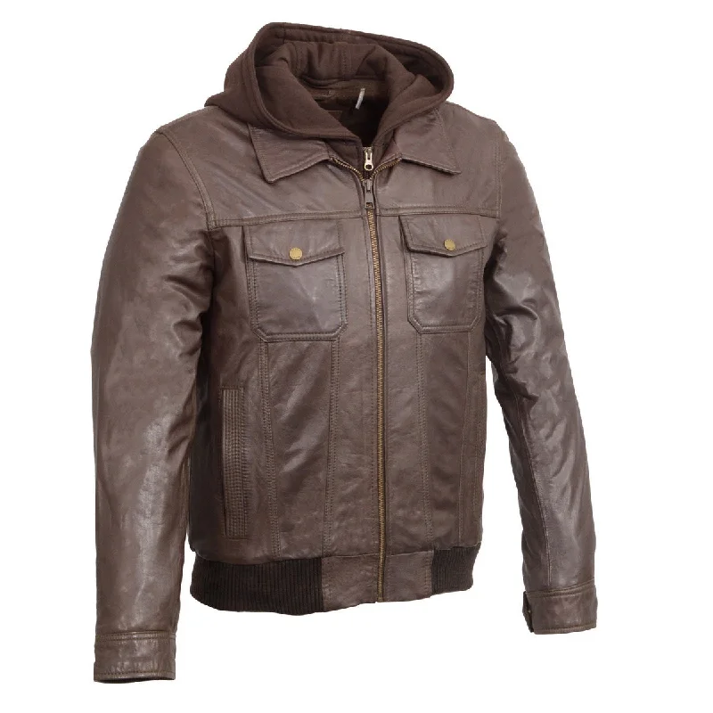 High-End Street Wilsons Leather SH3353 Men's Brown Leather Zipper Front Bomber Jacket with Zip Off Hoodie