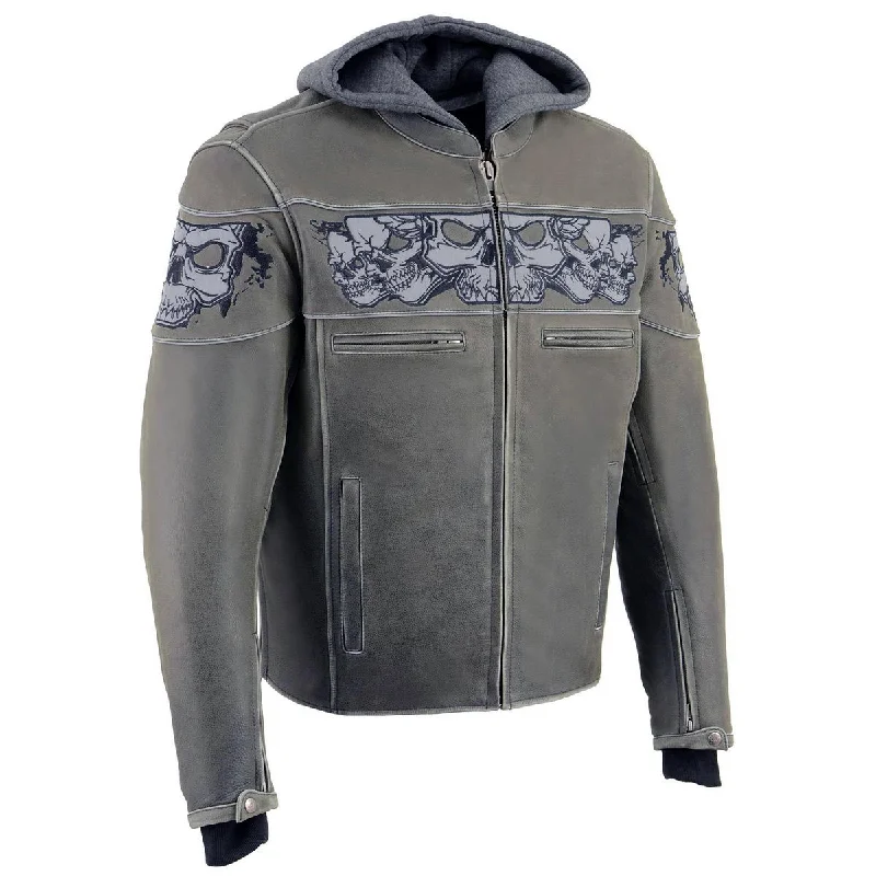 Casual Layers Look Milwaukee Leather MLM1562 Men's Distressed Grey Leather Jacket with Reflective Skulls