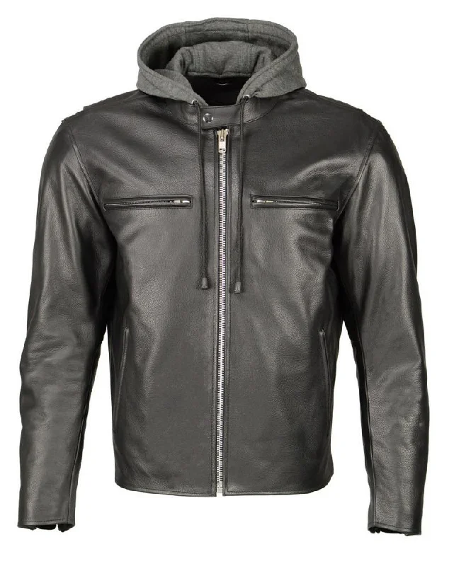 High-End Casual M Boss Motorcycle Apparel BOS11502 Men's Black Armored Leather Scooter Jacket with Removable Hood