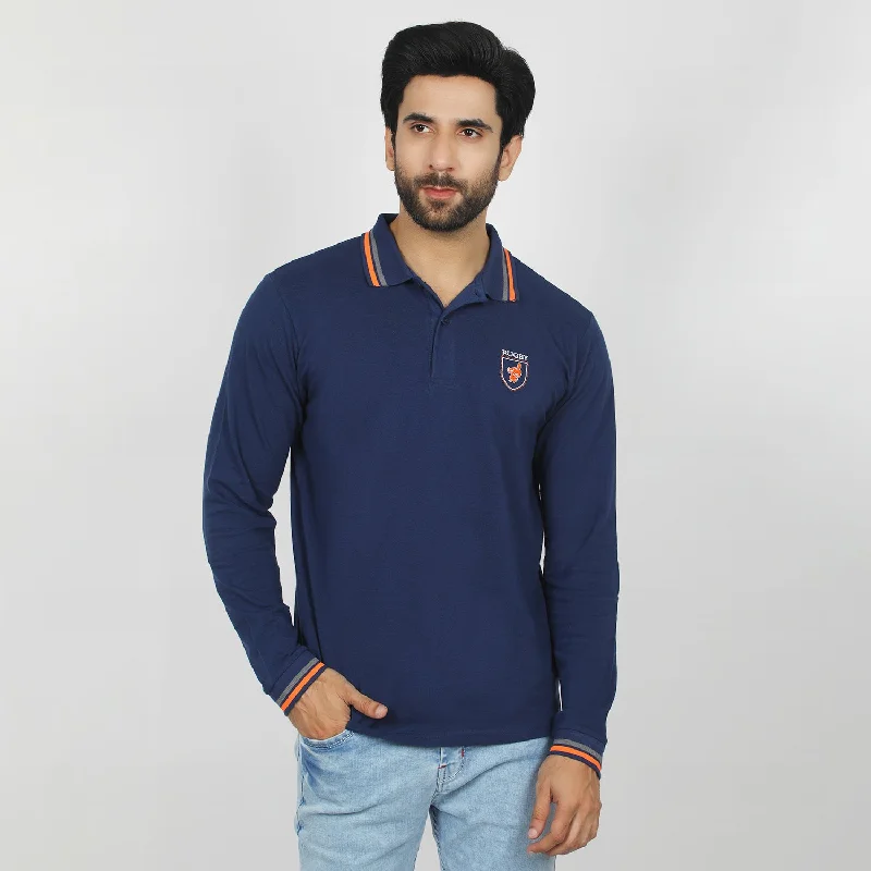 Earthy Casual Eminent Men's Full Sleeves Polo T-Shirt - Navy Blue