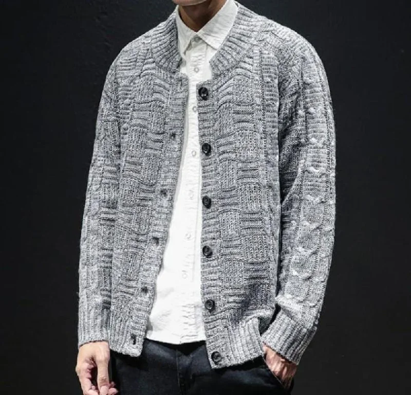 Structured Fit Mens Crew Neck Button Front Cardigan in Gray