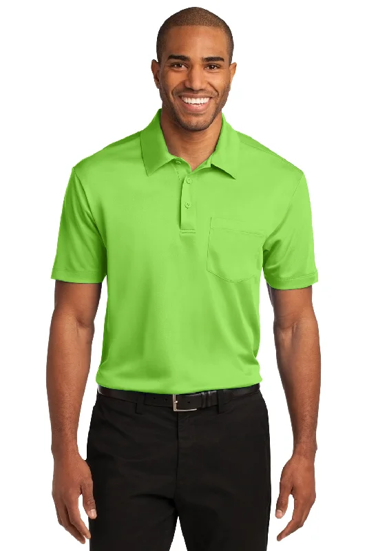 Elegant Sporty Port Authority Mens Silk Touch Performance Moisture Wicking Short Sleeve Polo Shirt w/ Pocket - Lime Green - Closeout