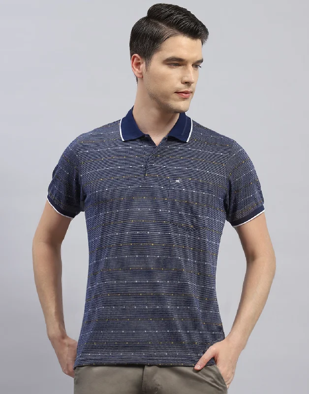 Cozy Streetwear Men Navy Blue Stripe Polo Collar Half Sleeve T-Shirt