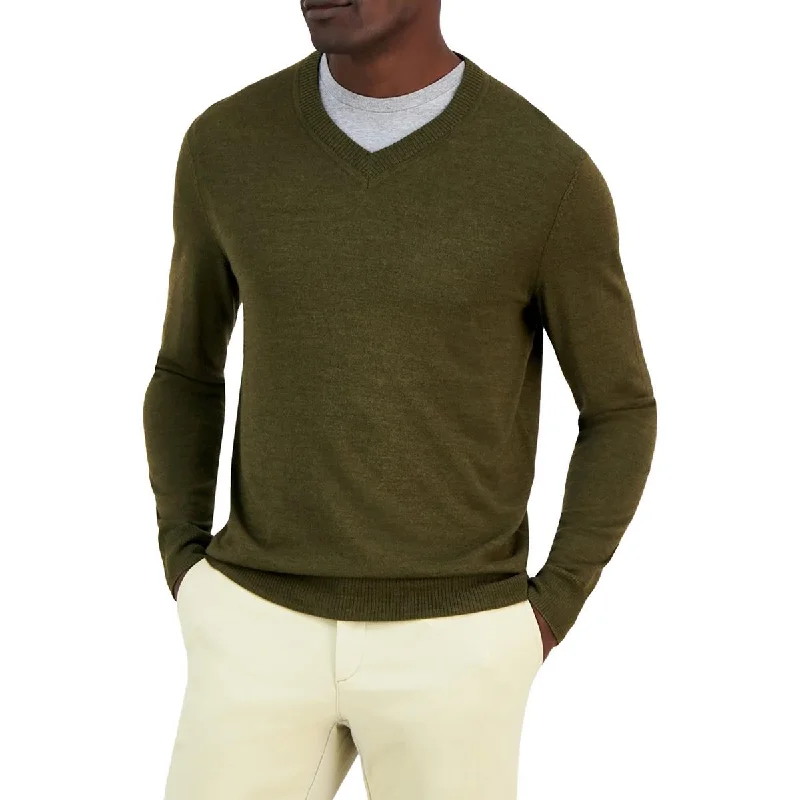 Relaxed Outdoors Alfani Mens Ribbed Trim  Extra Fine Merino Wool V-Neck Sweater